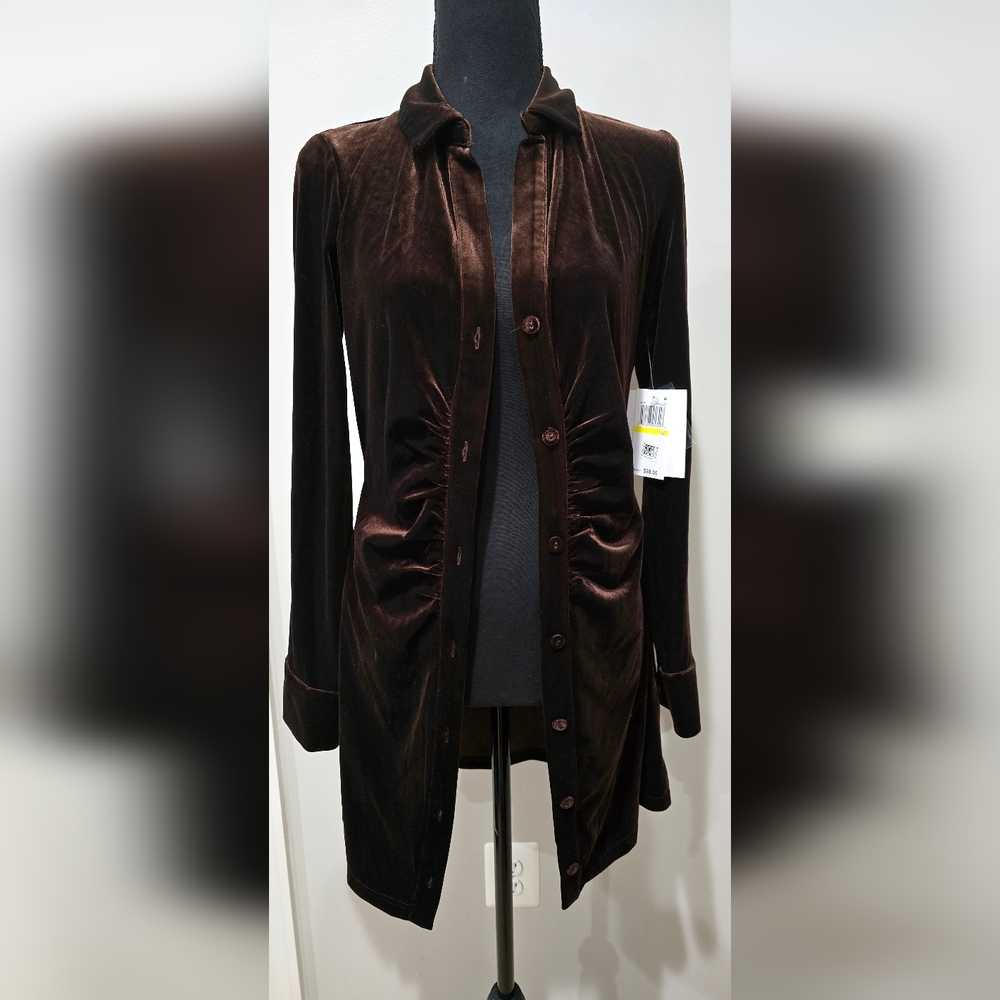Nia brand dark brown velvet shirt dress.
